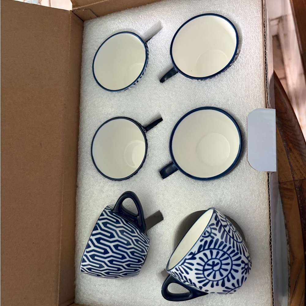 Set of Blue and White Patterned Mugs